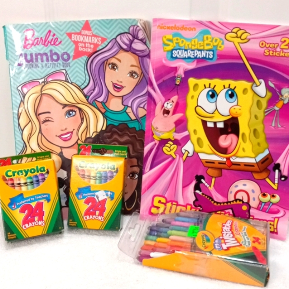 5 Items, 2 Boxes Crayons,  Box of Twistables, 2 coloring books,one has stickers